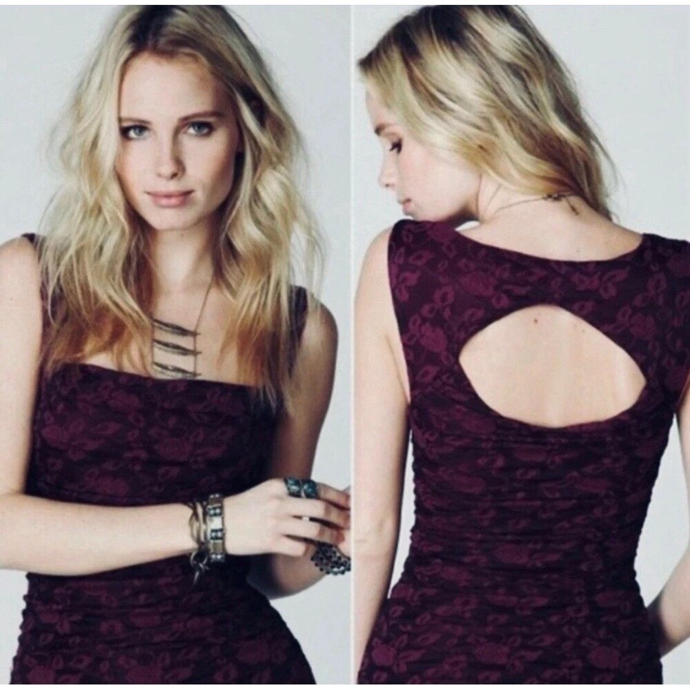 Free People Bodycon Mini Dress Sm Black Burgundy Floral Ruched Romantic Whimsy